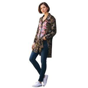 Andree Camo Shirt Dress Sz‎ M Floral Embroidered Long Sleeve Button Front Womens